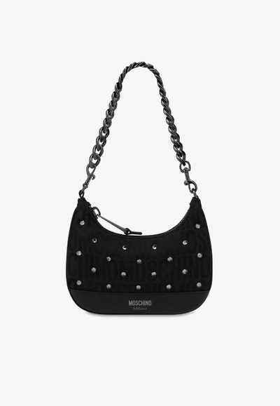 Moschino All-over Logo Shoulder Bag With Rhinestones In Black