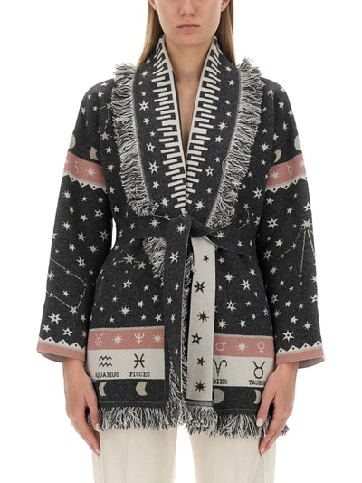 Alanui Astrology Wheel Jacquard Fringed Cardigan In Grey