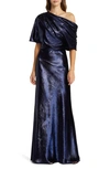 AMSALE ONE-SHOULDER METALLIC VELVET GOWN