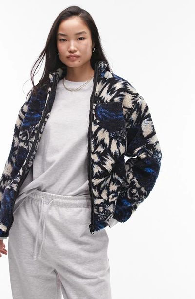 Topshop Rose Print Borg Fleece Jacket In Multi