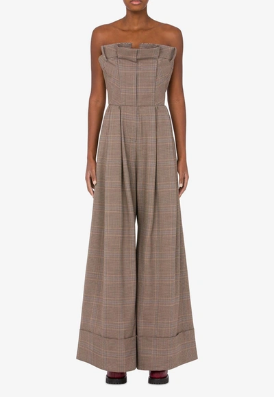 Moschino Prince Of Wales-pattern Strapless Jumpsuit In Beige