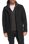 Kenneth Cole Hooded Bib Faux Leather Trim Coat In Black