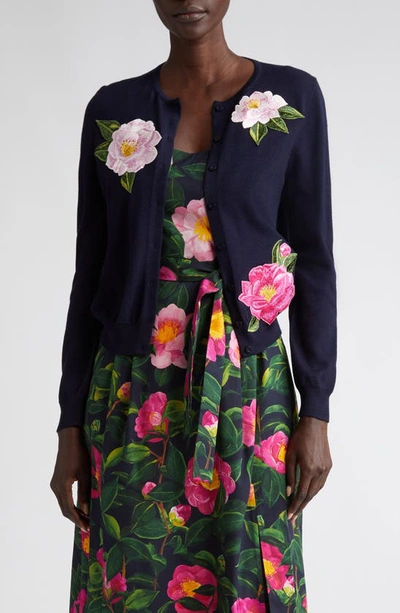 OSCAR DE LA RENTA CAMELLIA EMBROIDERED VIRGIN WOOL CARDIGAN