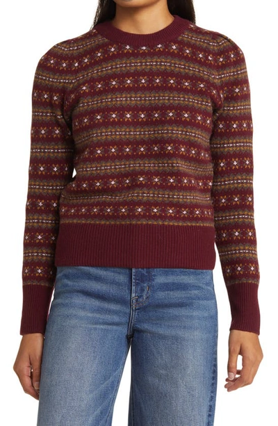 Faherty Highland Fair Isle Puff Sleeve Sweater In Maroon Multi