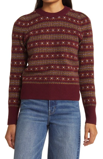 Faherty Highland Fair Isle Puff Sleeve Jumper In Maroon Multi