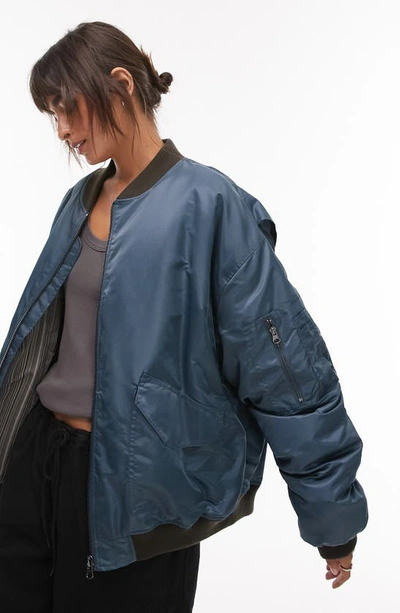 Topshop Nero Collar Nylon Bomber Jacket In Blue