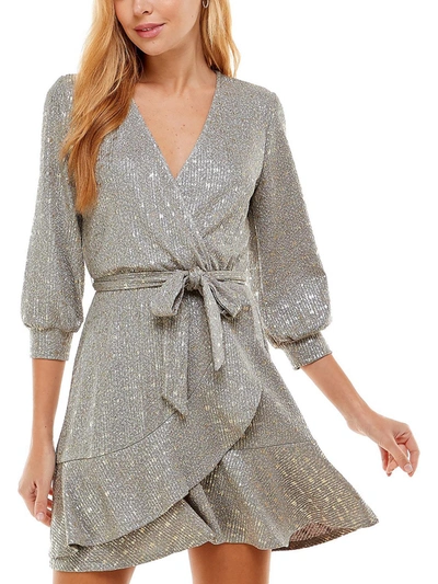 City Studio Juniors Womens Ruffled Mini Cocktail And Party Dress In Grey