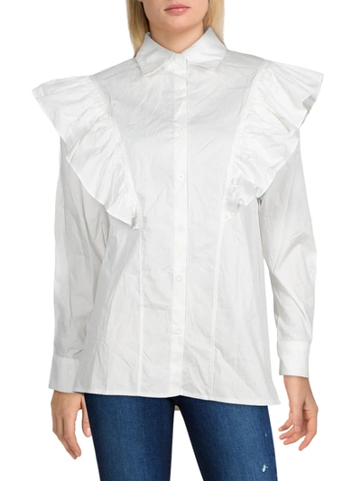 Beulah Womens Collared Ruffled Button-down Top In White