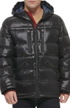 Tommy Hilfiger Pearlized Water Resistant Hooded Puffer Jacket In Black