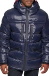 Tommy Hilfiger Pearlized Water Resistant Hooded Puffer Jacket In Navy
