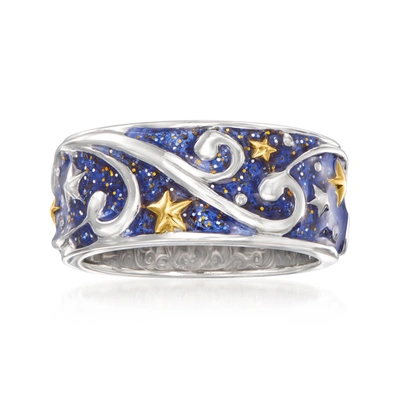 Ross-simons Glittery Blue Enamel Celestial Ring In 2-tone Sterling Silver In White