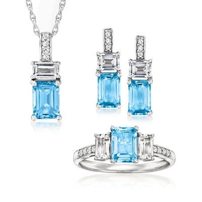 Ross-simons Swiss Blue And White Topaz Jewelry Set: Earrings, Ring And Pendant Necklace In Sterling Silver