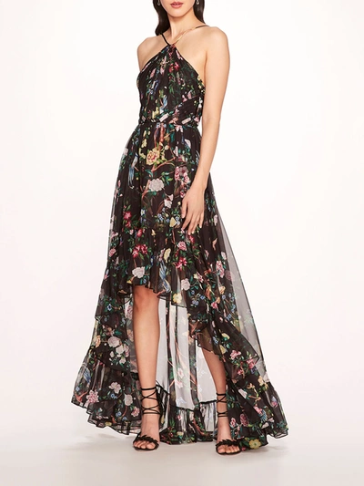 Marchesa Flowering Halter High-low Gown In Black Combo