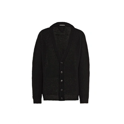Prada Shetland Wool Ribbed V-neck Cardigan In Black