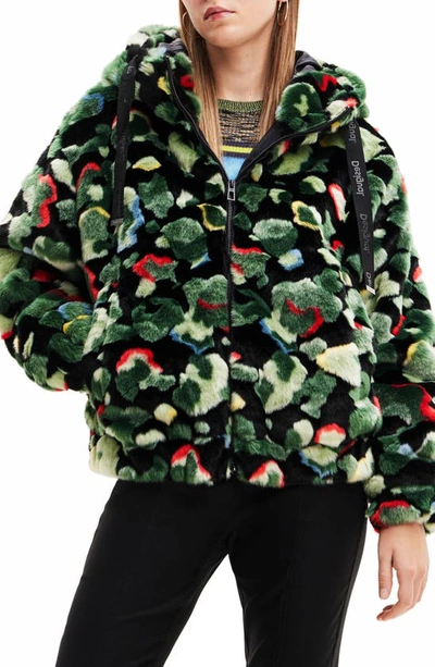 Desigual Camo Fur-effect Jacket In Green