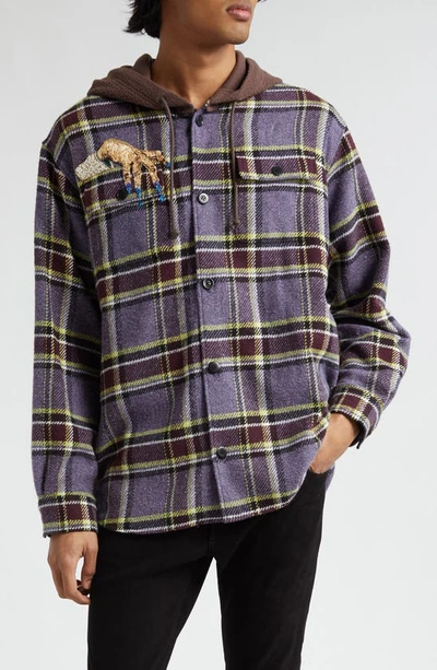 Undercover Beaded Hooded Plaid Button-up Shirt In Purple Ck