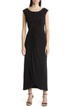 Connected Apparel Beaded Bodice Cap Sleeve Faux Wrap Cocktail Dress In Black