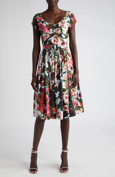 OSCAR DE LA RENTA FLORAL BELTED CROSSOVER STRAP STRETCH COTTON DRESS