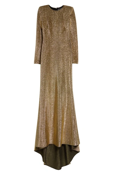 Oscar De La Renta Jewel Stretch Lame Long-sleeve Trumpet Gown In Gold