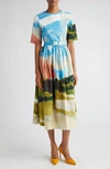 OSCAR DE LA RENTA LANDSCAPE PRINT BELTED STRETCH COTTON MIDI DRESS