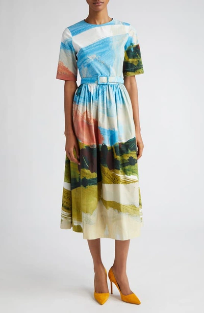 Oscar De La Renta Abstract Landscape Print Flared Midi Dress With Removable Belt In Powder Blue Mul