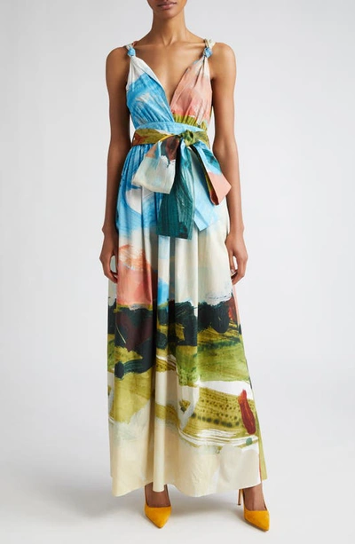 Oscar De La Renta Landscape Stretch-cotton Maxi Dress In Powder Blue Multi