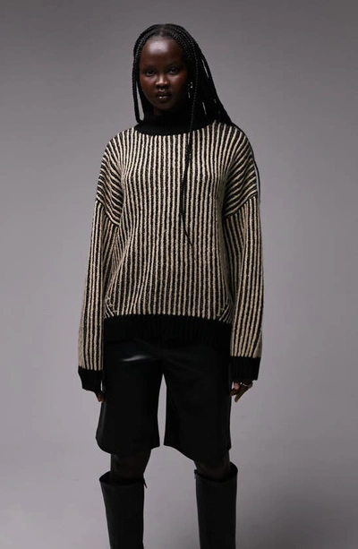 Topshop Knitted High Neck Forward Seam Stripe Stitch Sweater In Beige And Black-multi