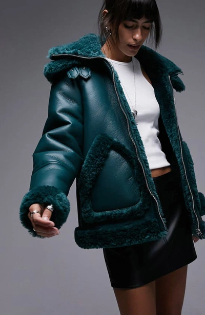 Topshop Faux Leather Shearling Oversized Aviator Jacket With Double Collar Detail In Teal-blue