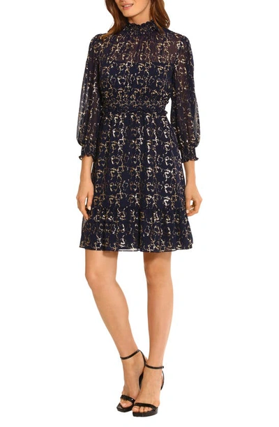 Maggy London Smocked Three-quarter Sleeve Minidress In Navy/ Gold