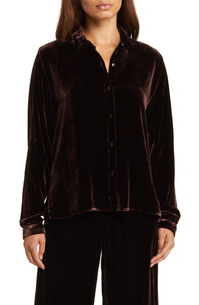 Eileen Fisher Band-collar Button-down Velvet Shirt In Dark Purple