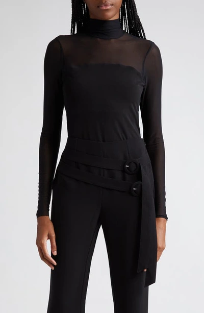 Cinq À Sept Shantel Sheer Mesh Long-sleeve Turtleneck Top In Black