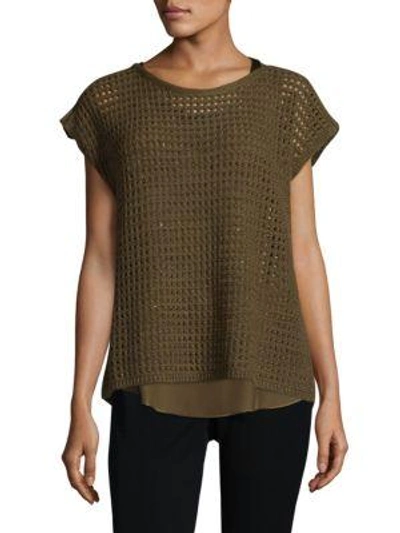 Lafayette 148 Short-sleeve Open-stitch Sequin Cashmere Sweater In Green