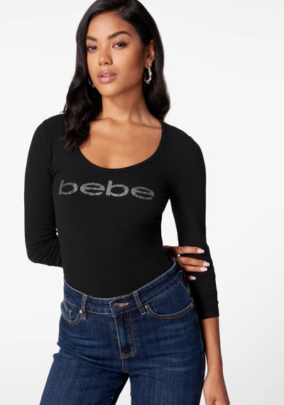 Bebe Long Sleeve Scoop Neck  Logo Rib Top In Black