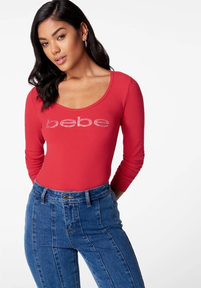 Bebe Long Sleeve Scoop Neck  Logo Rib Top In Salsa