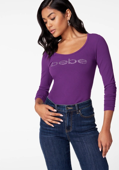 Bebe Long Sleeve Scoop Neck  Logo Rib Top In Imperial Purple