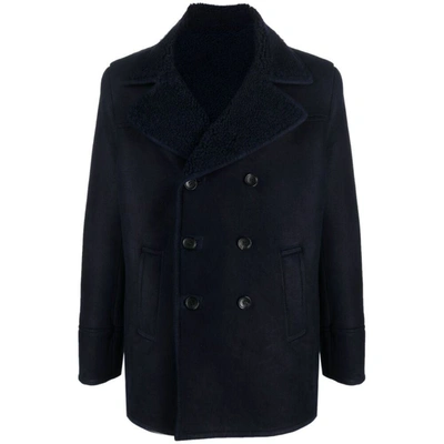 Bally Double-breasted Leather Coat In Blue