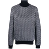 Balmain Monogram-intarsia Roll-neck Jumper In Blue/white