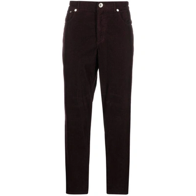 Brunello Cucinelli Logo-embroidered Corduroy Trousers In Violet