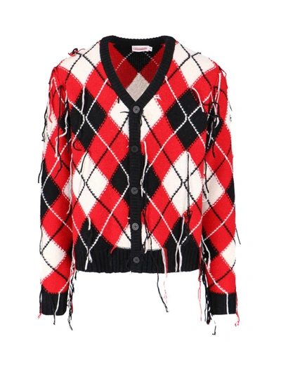 Charles Jeffrey Loverboy Fringed Argyle-knit V-neck Cardigan In Red