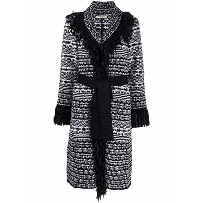 Charlott Fringed Intarsia-knit Cardigan Coat In Black/white