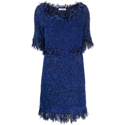 Charlott Fringe-trim Three-quarter Sleeve Dress In Blue