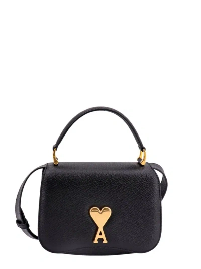 Ami Alexandre Mattiussi Leather Shoulder Bag With Metal Logo Patch In Black