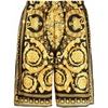 Versace Barocco Print Silk Shorts In Black/yellow