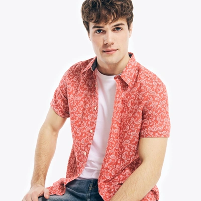 Nautica Mens Paisley Print Linen Short-sleeve Shirt In Red