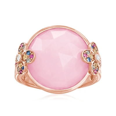 Ross-simons Pink Opal And Multicolored Sapphire Floral Ring With White Topaz Accents In 18kt Rose Gold Over Ster In Blue