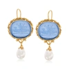 Ross-simons Italian Cultured Pearl And Blue Venetian Glass Intaglio Drop Earrings In 18kt Gold Over Sterling In White