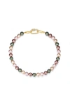 CLASSICHARMS GOLD SHELL PEARL NECKLACE WITH GEM-ENCRUSTED CARABINER LOCK