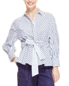Pearl By Lela Rose Poplin Full Sleeve Belted Top In Multi