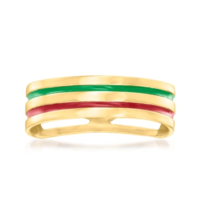 Ross-simons Italian Red And Green Enamel Striped Ring In 14kt Yellow Gold