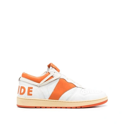 Rhude Logo-patch Leather Sneakers In White/orange
